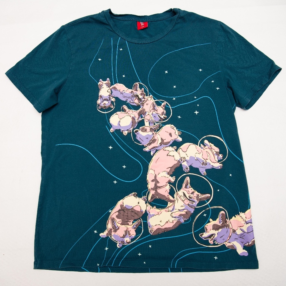 BiBi Sama Corgi Dogs in Space T‎ Shirt Crew Neck Sz Large NWOT! Funny Funky Dogs